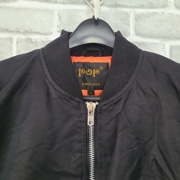 Vintage Pop England Black Bomber Jacket Mens Large Orange Lining - Picture 3 of 11